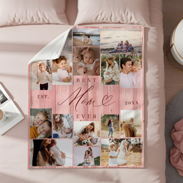 Couverture Polaire Meilleure Maman Jamais Famille Photo Collage Pink  (Best Mom Ever Family Photo Collage Pink Woodgrain Fleece Blanket)