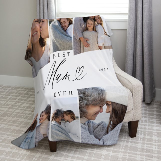 Couverture Polaire Meilleure maman Jour Script Fête des mères Collage (Best Mum Ever Script Mothers Day Photo Collage Fleece Blanket)