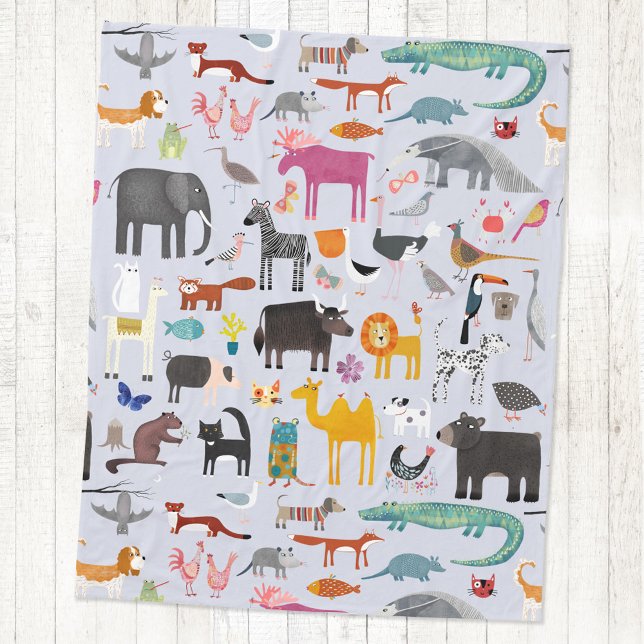 Couverture Polaire Ménagerie animale (Fun animal menagerie with wild, safari, zoo, pet animals and birds pattern fleece blanket)