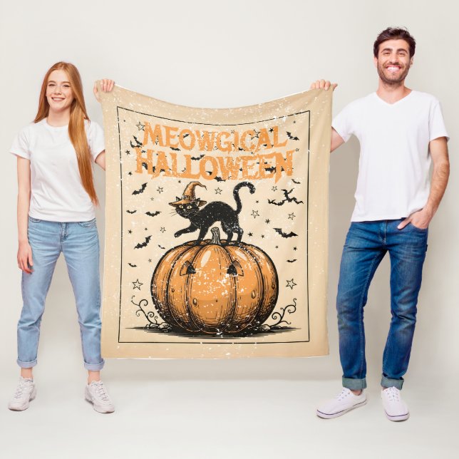 Couverture Polaire Meowgical Halloween Vintage Cat and Pumpkin Fleece (En situation)