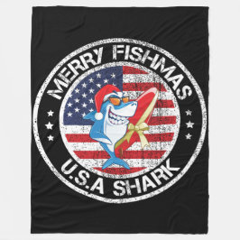 Couverture Polaire Merry Fishmas USA Drapeau Grand requin blanc