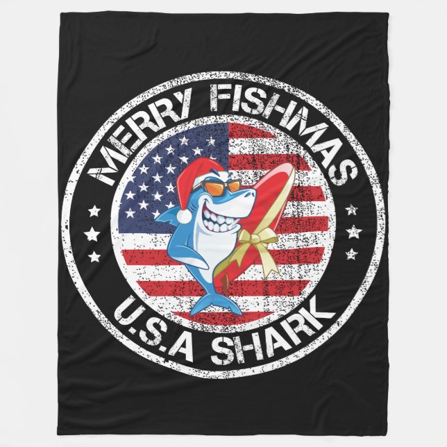 Couverture Polaire Merry Fishmas USA Drapeau Grand requin blanc (Devant)