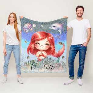 Couverture Polaire Mignonne Fille "Sirène Sous La Mer" Cheveux Rouge