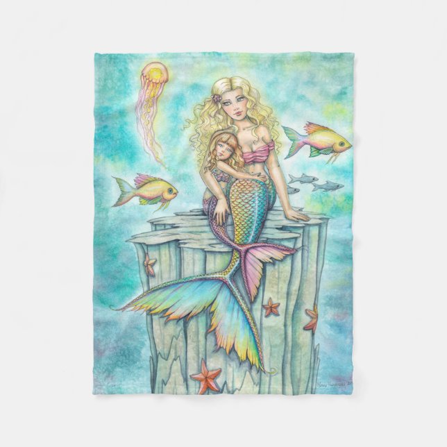 Couverture Polaire Mignonne mère et fille Sirène Imaginaire Art (Devant)