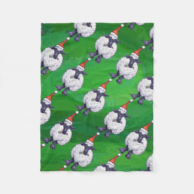 Couverture Polaire Mignonne mouton à Santa Chapeau sur vert (Devant)