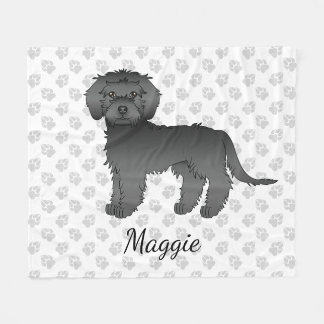Couverture Polaire Mini noir Goldendoodle dessin animé Chien et nom (Devant (Horizontal))