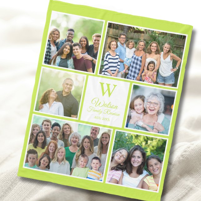 Couverture Polaire Modern Lime Green Family Reunion Monogram Photo  (Créateur téléchargé)