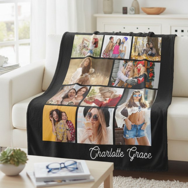 Couverture Polaire Modern Minimalist Black 10 Photo Collage With Name (Créateur téléchargé)