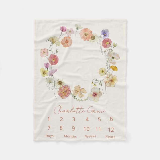 Couverture Polaire Moderne Baby Milestone Aquarelle Floral Wreath (Devant)