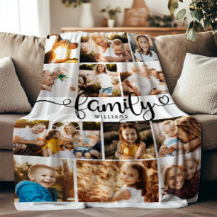 Couverture Polaire Moderne Family Script Hearts Photo Collage Chic