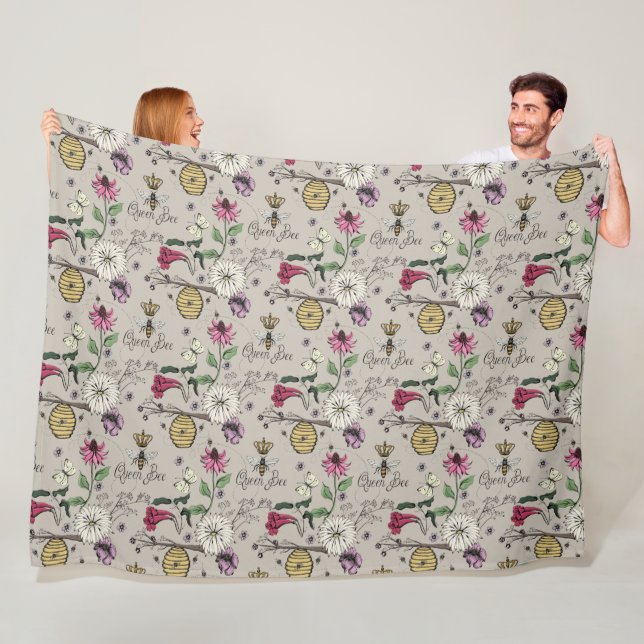 Couverture Polaire Moderne Greige Queen Bee Royal Crown Floral Motif (En situation)