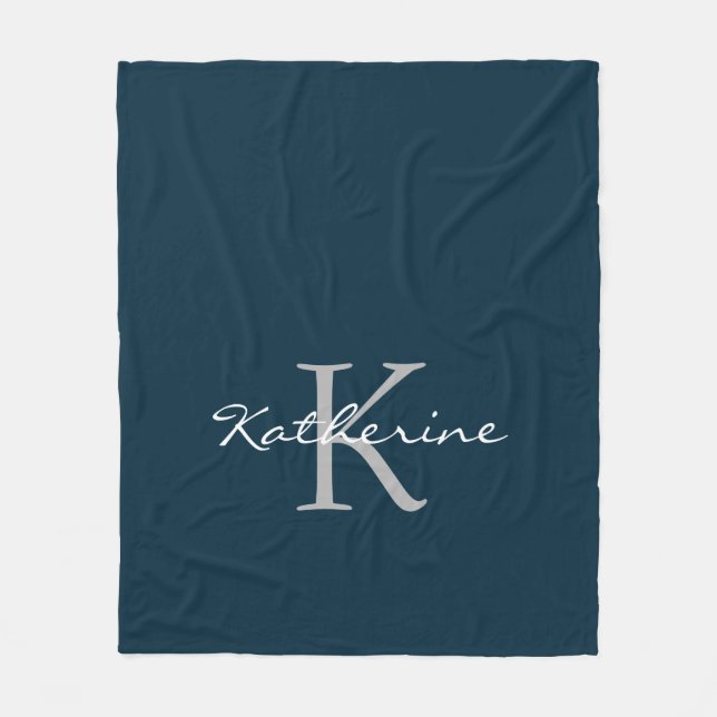 Couverture Polaire Moderne Marine Bleu Chic Script Monogramme Nom (Devant)