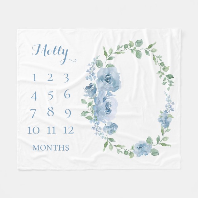 Couverture Polaire Mois bébé bleu Floral Monogramme (Devant (Horizontal))