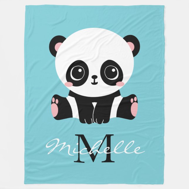 Couverture Polaire Monogram Cute Panda Personnalisé Bubble Gum Bleu (Devant)