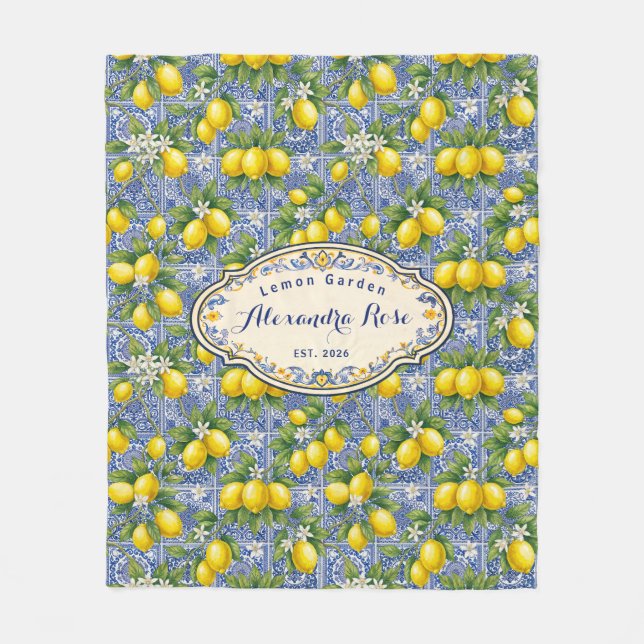 Couverture Polaire Monogram Name Lemon Blue French Country Tile  (Devant)