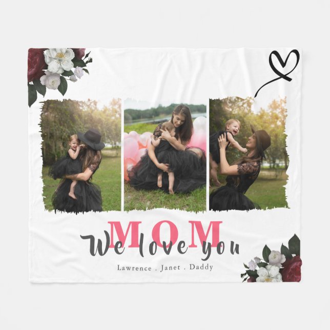 Couverture Polaire Monogramme 3 Photo Collage Mère Famille ou Mariage (Devant (Horizontal))