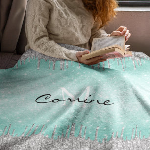 Couverture Polaire Monogramme Aqua Blue Ombre Parties scintillant Sil