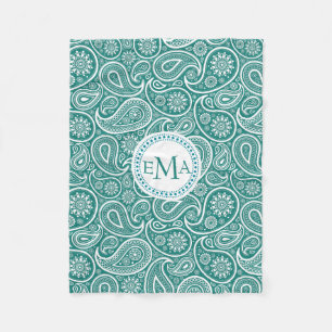 Couverture Polaire Monogramme blanc et bleu-vert rétro Paisley