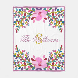 Couverture Polaire Monogramme Boho Foliage Hibiscus Fleece Blanche