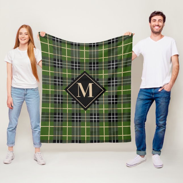 Couverture Polaire Monogramme classique rustique vert Tartan Plaid (En situation)