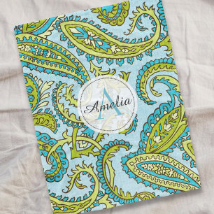 Couverture Polaire Monogramme coloré Paisley Blue Boho Chic Custom