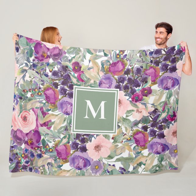 Couverture Polaire Monogramme de fleurs de saumons violets roses (En situation)