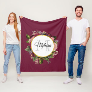 Couverture Polaire Monogramme de fleurs roses et bordeaux