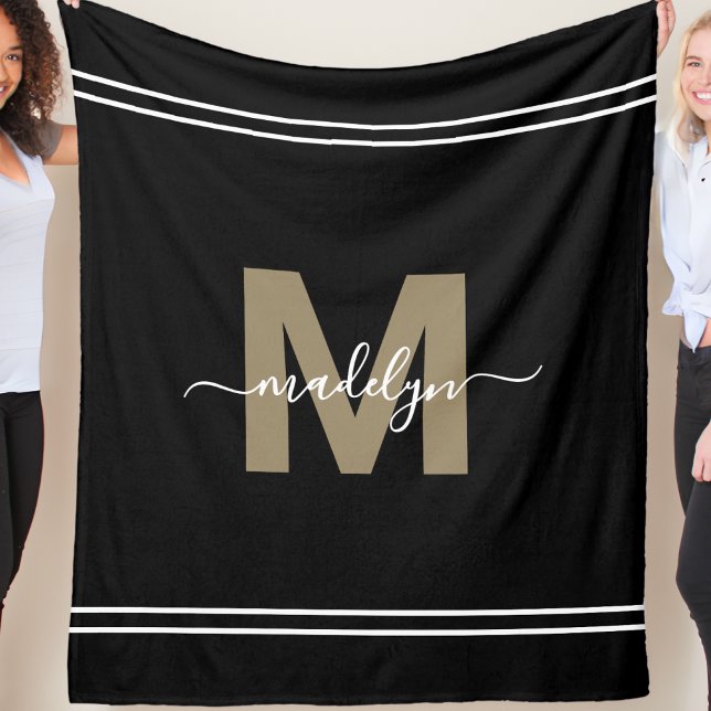 Couverture Polaire Monogramme de nom d'or noir personnalisé (Personalized Black Gold Name Monogram Fleece Blanket)