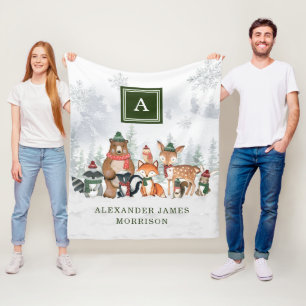 Couverture Polaire Monogramme des animaux de la forêt boisée d'hiver 