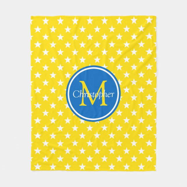 Couverture Polaire Monogramme d'étoiles jaunes et bleues de jours (Devant)
