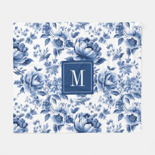 Couverture Polaire Monogramme Élégant bleu Vintage motif floral