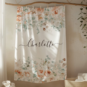 Couverture Polaire Monogramme Élégant Floral de Greenery Rose Rustiqu