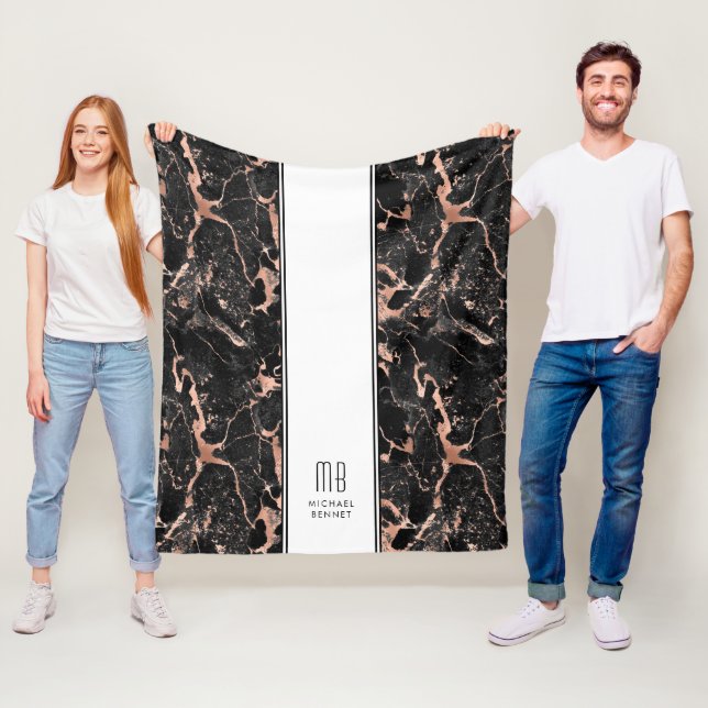 Couverture Polaire Monogramme Elegant Rose Gold Marbre Noir (En situation)