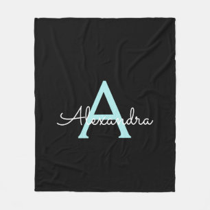 Couverture Polaire Monogramme Féminin Nom Écriture Bleu Aqua Sarcelle