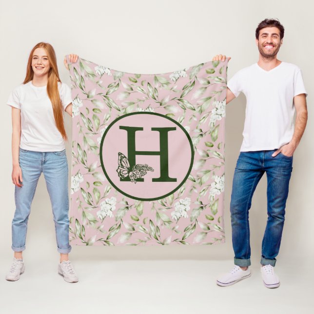 COUVERTURE POLAIRE MONOGRAMME H ROSE ET VERT (En situation)