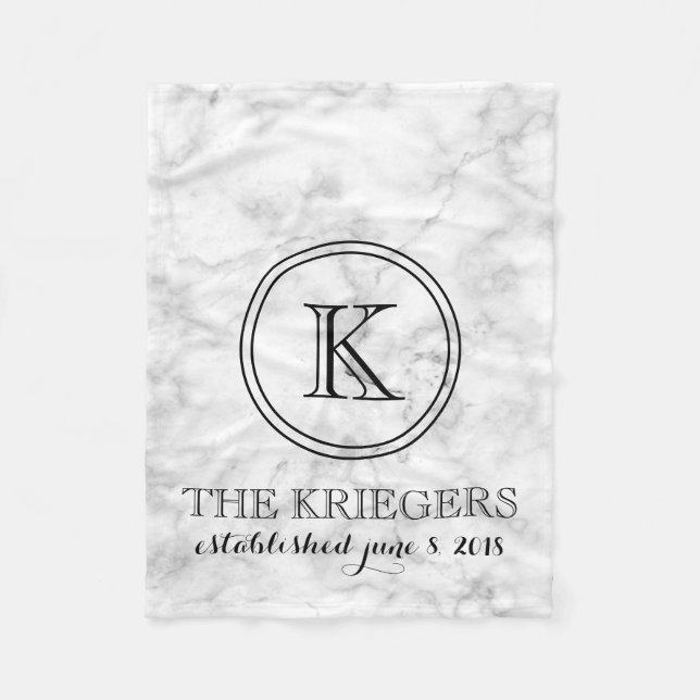 Couverture Polaire Monogramme Marbre blanc Mariage Date Anniversaire (Devant)