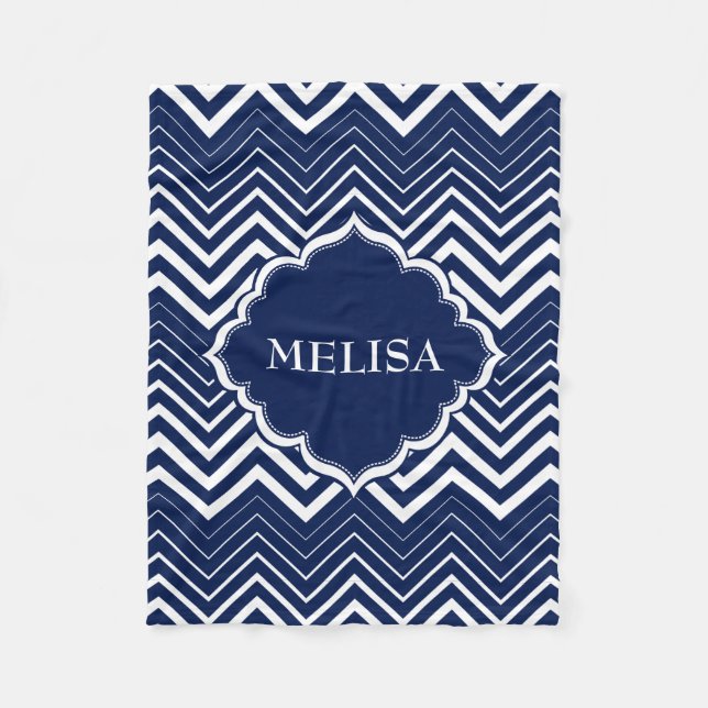 Couverture Polaire Monogramme Marine Bleu Et Blanc Zigzag Chevron (Devant)