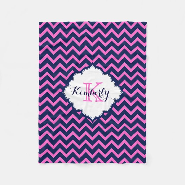 Couverture Polaire Monogramme Marine-Bleu Et Rose Zigzag Chevron (Devant)