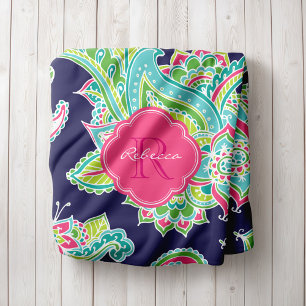 Couverture Polaire Monogramme Marine et rose Boho Paisley
