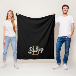 Couverture Polaire Monogramme moderne élégant Nom Black Gold Script