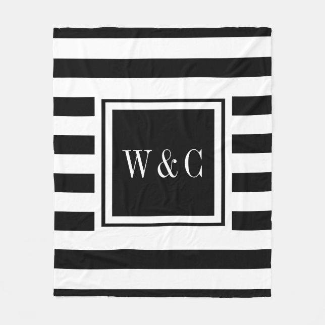 Couverture Polaire Monogramme moderne Noir blanc rayure (Devant)