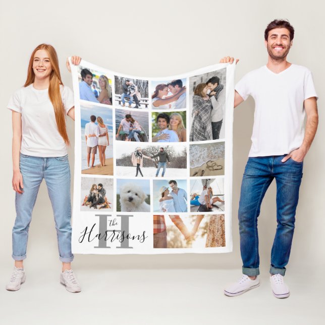 Couverture Polaire Monogramme moderne Nom 14 Photo Collage White Flee (En situation)