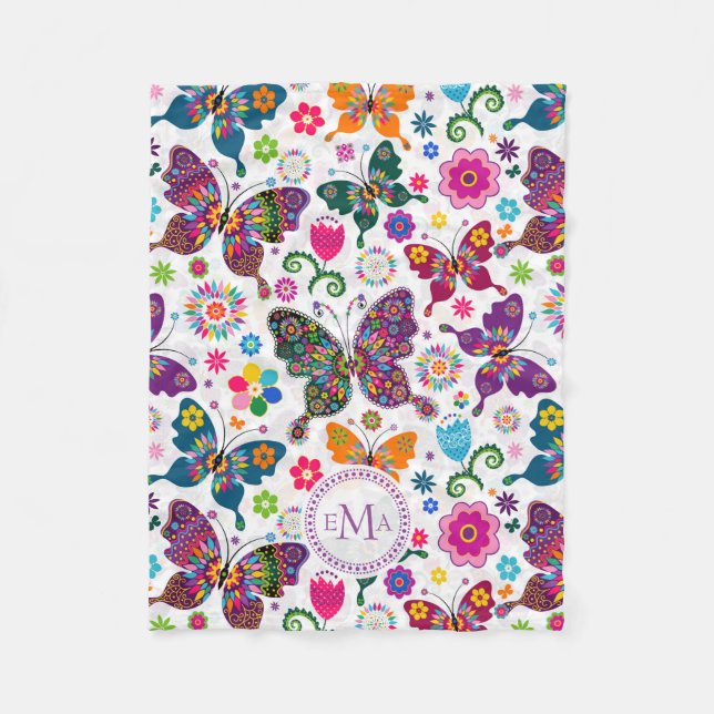 Couverture Polaire Monogramme Motif de papillons et de fleurs colorés (Devant)