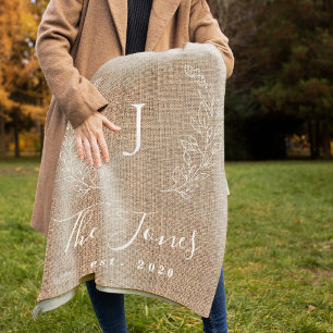 Couverture Polaire Monogramme nom de famille personnalisé Jute rustiq