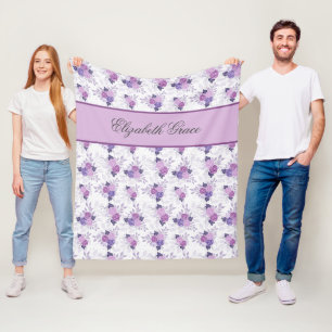 Couverture Polaire Monogramme Nom Floral Rose Violet Script