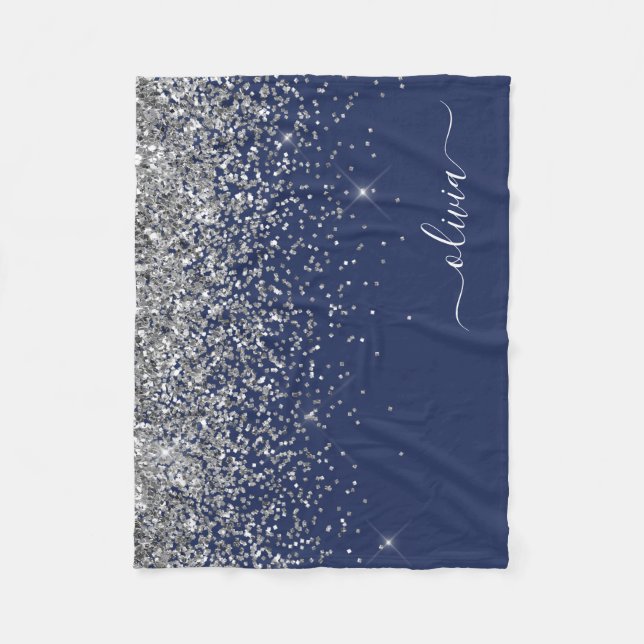 Couverture Polaire Monogramme Nom Paillettes Bleu Marine Argenté Fémi (Devant)