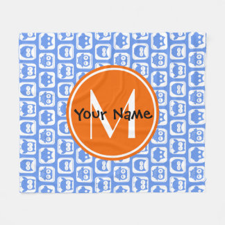 Couverture Polaire Monogramme orange Nom personnalisé Chouettes bleue