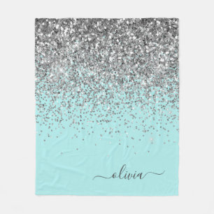 Couverture Polaire Monogramme Pailleté Féminin Bleu Aqua Argenté