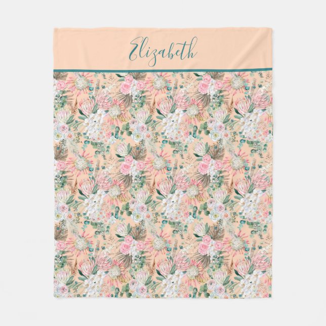 Couverture Polaire Monogramme Peach Rose Blanc Vert Floral Eucalyptus (Devant)