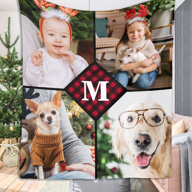 Couverture Polaire Monogramme personnalisé 4 photo rouge bison plaqué (Créateur téléchargé)